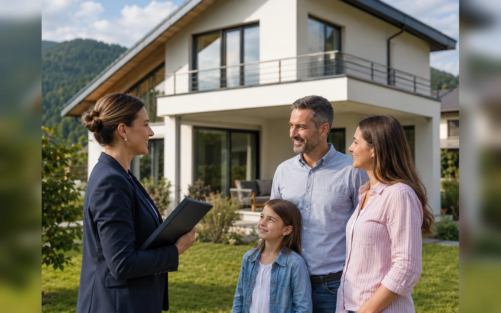 Familie und Immobilienberaterin vor einem modernen Wohnhaus